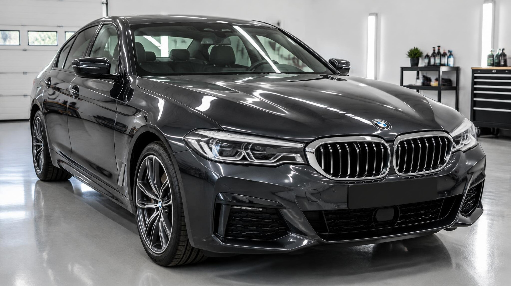 Glossy dark car body with a flawless clear coat reflecting soft light